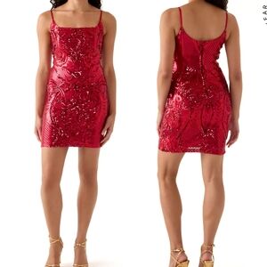 B.Darlin Spaghetti Strap Square Neck Short Fitted Dress Small Red Sequin Bodycon